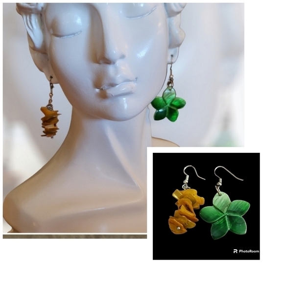 Mismatched Puka Shell Tropical Floral Dangle Hook Mermaidcore Earrings - Picture 1 of 4